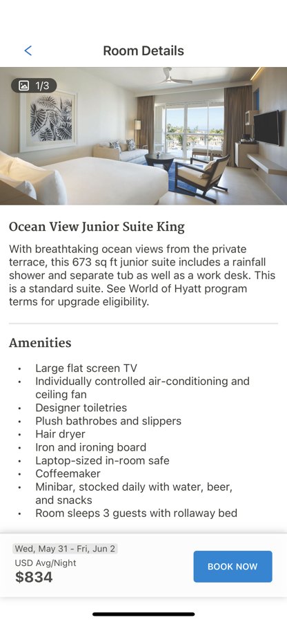 World of Hyatt app screenshot showing an Ocean View Junior Suite King at Zilara Rose Hall priced at $834 USD average per night