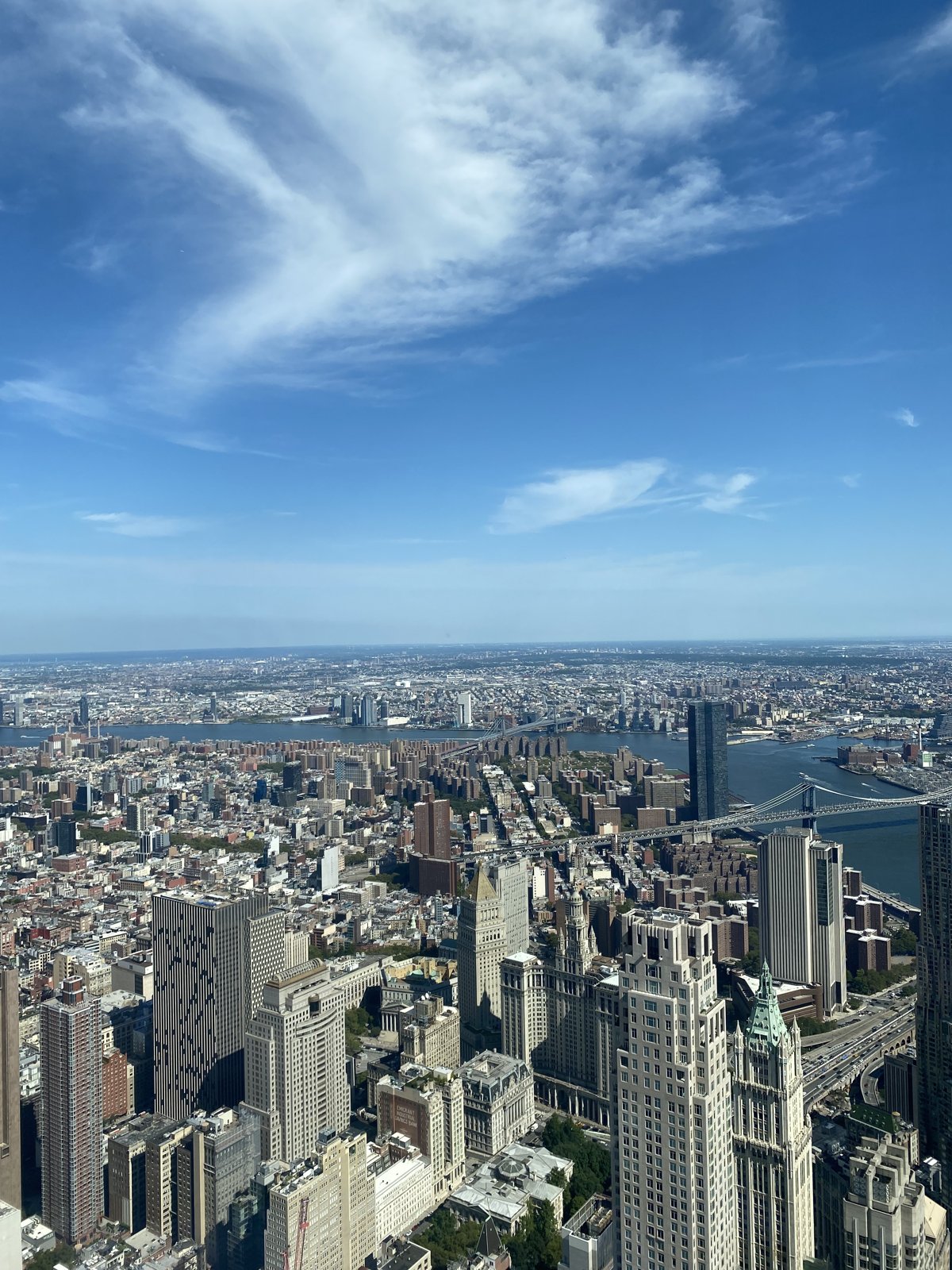 The Manhattan skyline seen from above on a clear day, skyscrapers stretching to the harbor